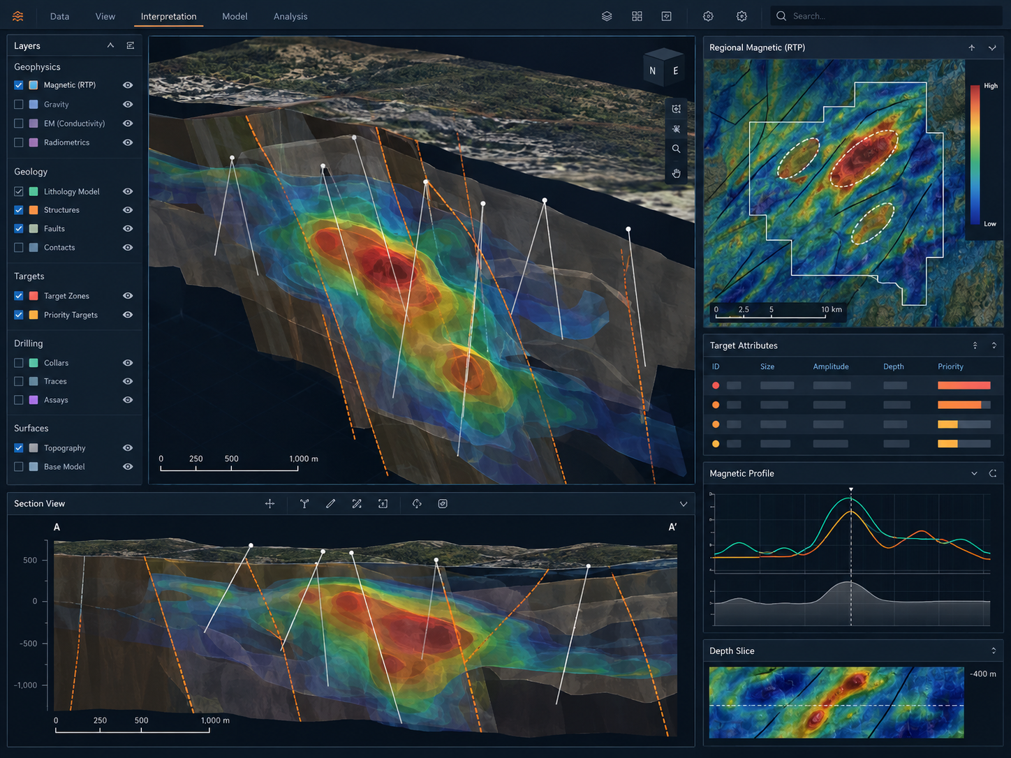 Illustrative geophysical interpretation environment with 3D subsurface model, magnetic map and target ranking