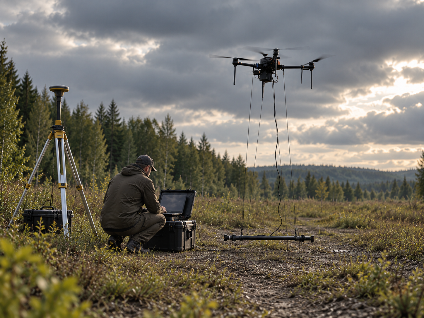 Field geophysics setup with UAV, suspended sensor, GNSS base station and field operator