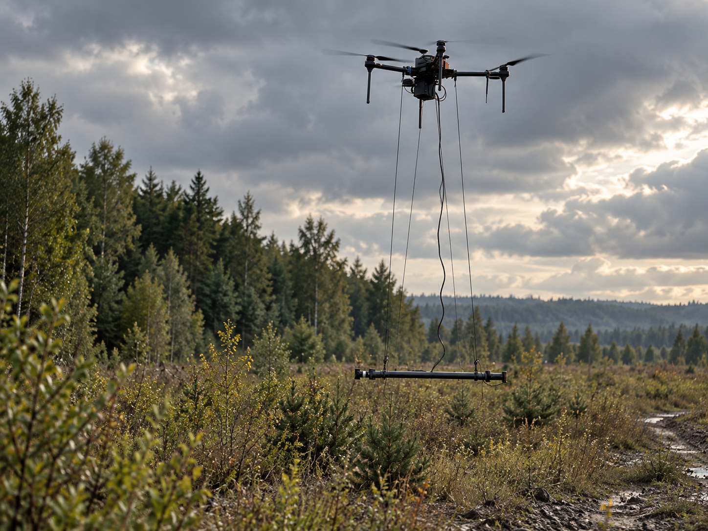 UAV geophysical survey with a suspended sensor over remote terrain