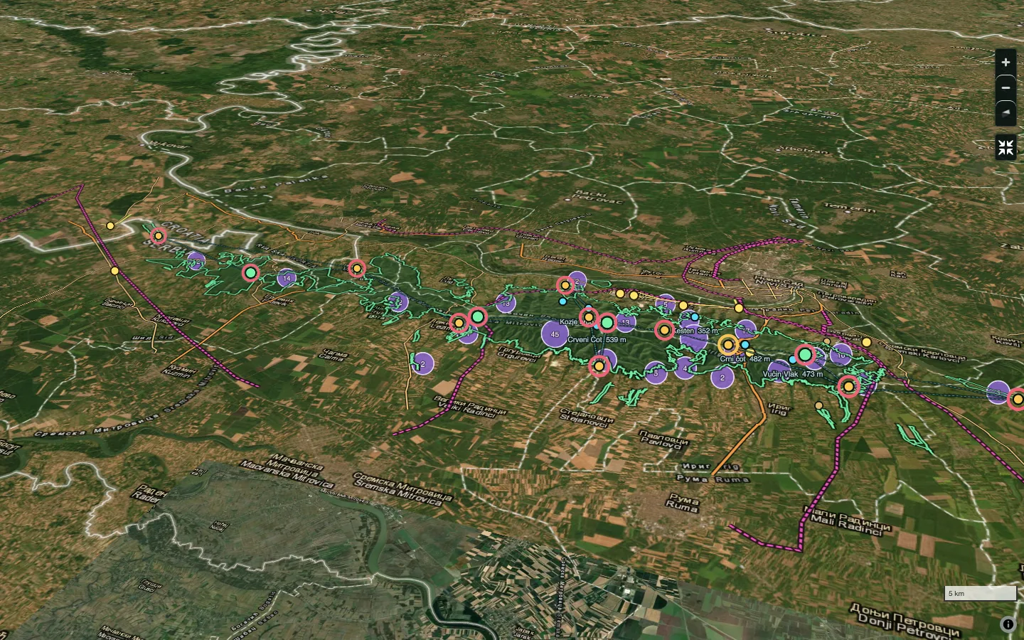 Oblique 3D planning view of the Fruška Gora RAVAM NEST monitoring network