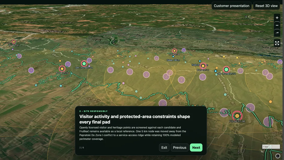 3D siting view with visitor and protected-area context