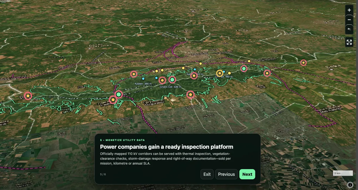 Fruška Gora map showing utility corridors for inspection missions