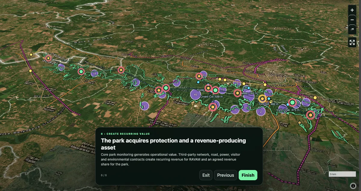 Fruška Gora map showing the complete network and recurring service layers