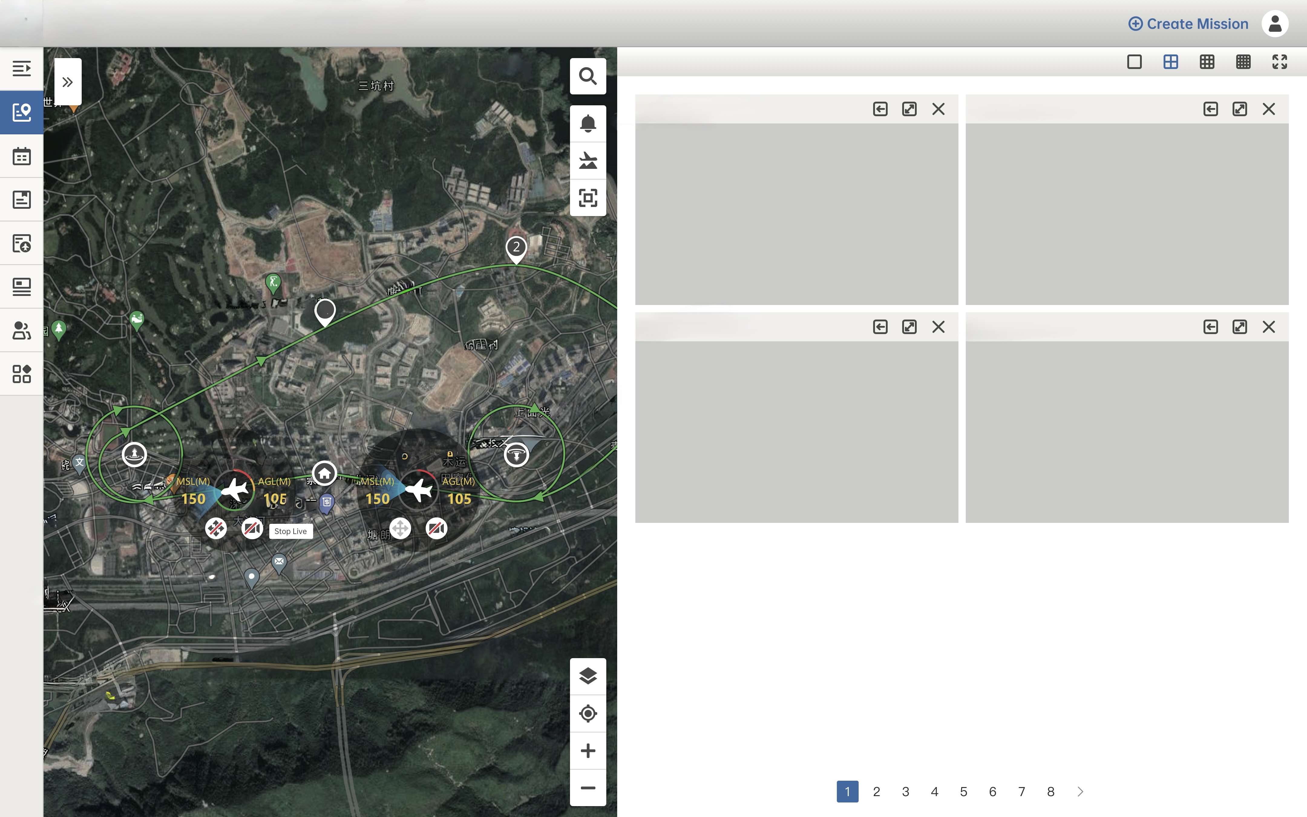 Multiple monitor setup showing real-time drone surveillance video feeds in command center