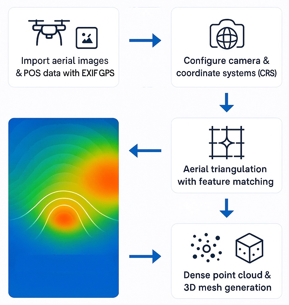 Photogrammetry processing pipeline with aerial triangulation and 3D model reconstruction