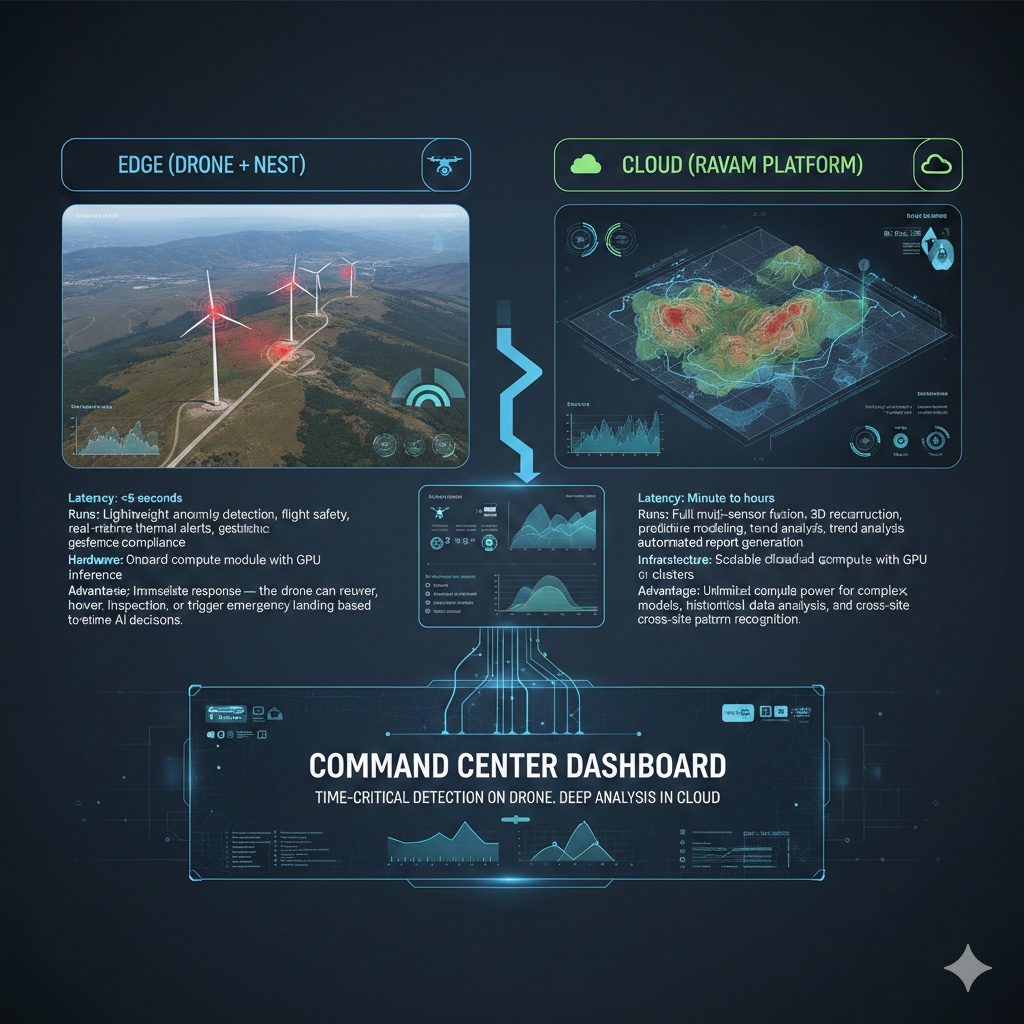 Architecture diagram showing edge-to-cloud data flow, and Command Center dashboard with live AI detections