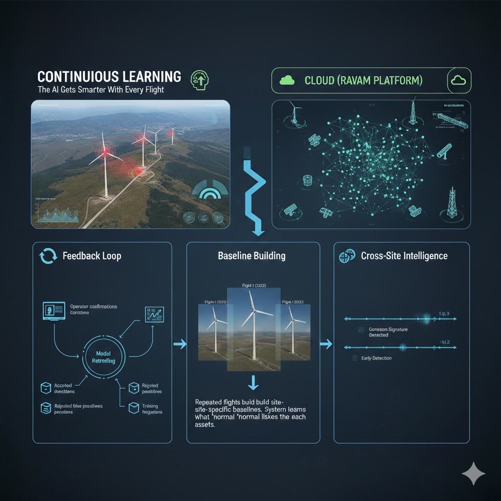 Training loop diagram, accuracy improvement chart over survey cycles, and model performance graph