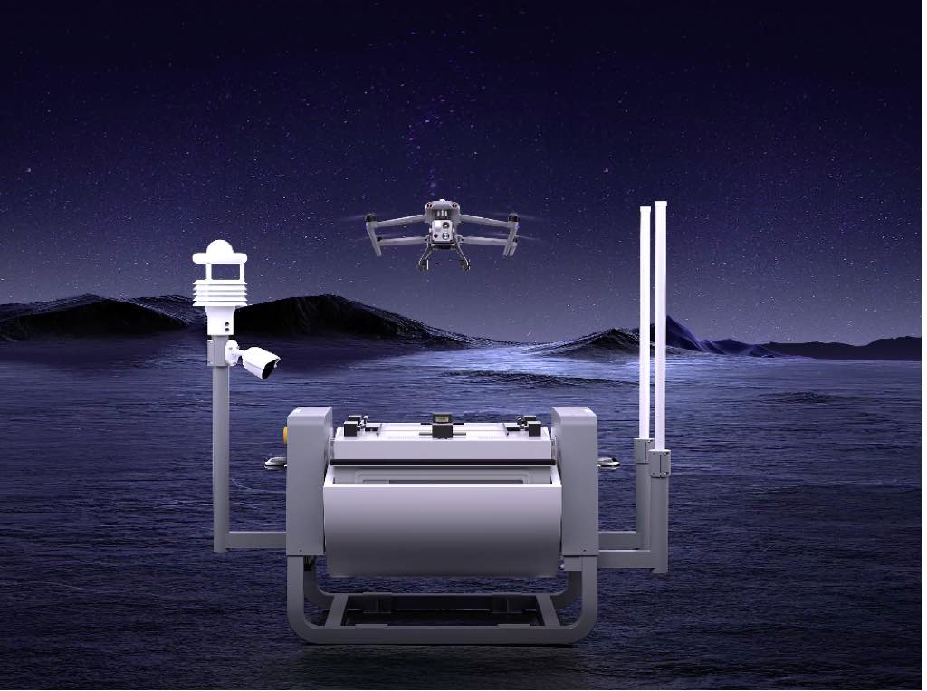 Professional drone on launchpad ready for autonomous industrial inspection mission